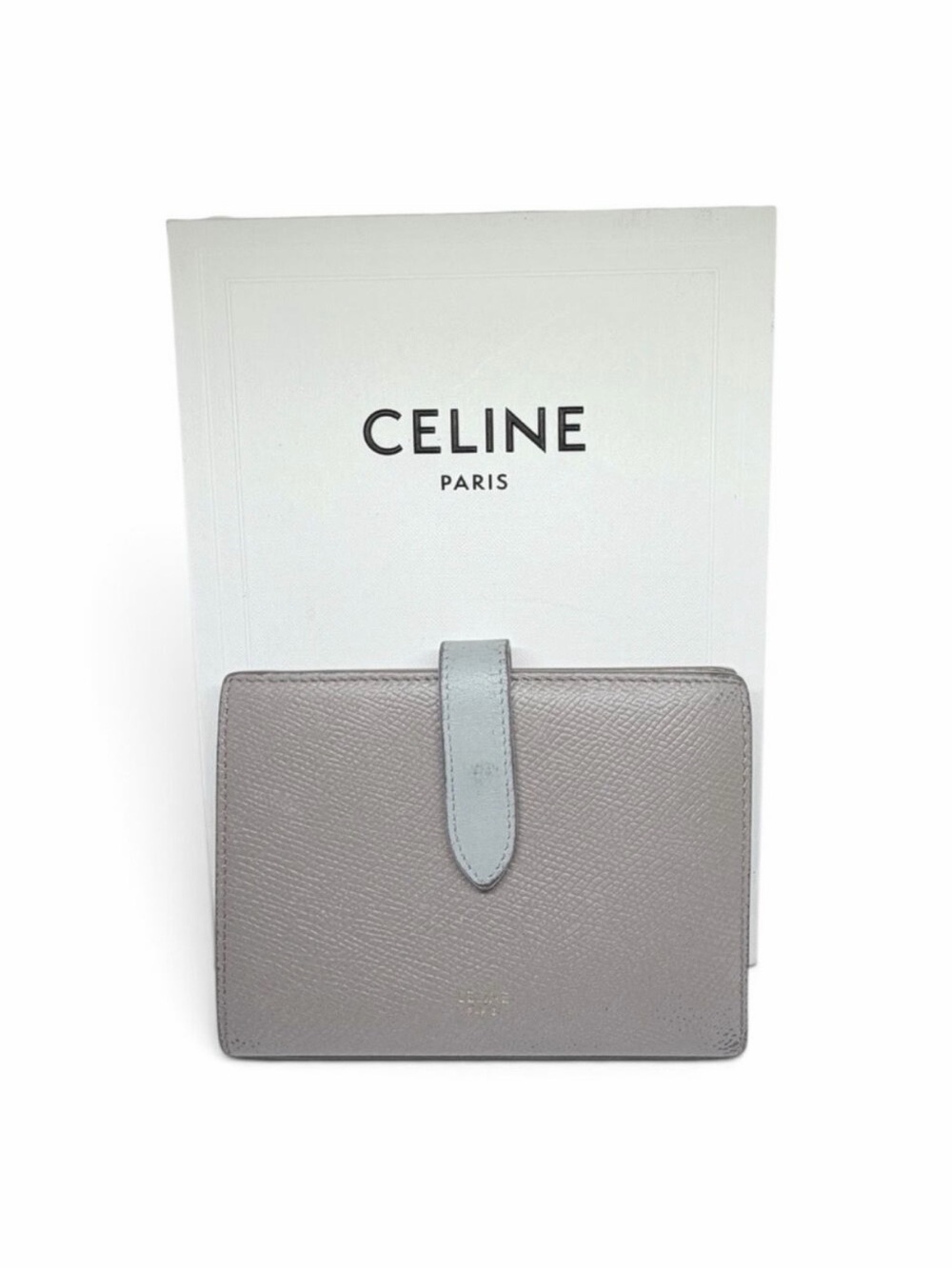 Celine Medium Strap Wallet Bicolor Grained Calfskin Greige Blue w/ Box